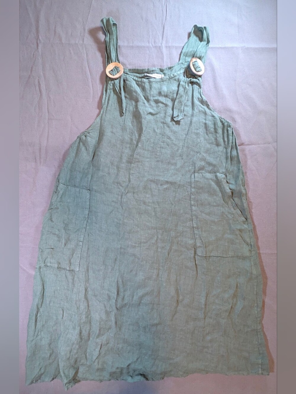 Tempo Paris 100% Linen Sage Green Pinafore Apron Dress S/M Made In Italy
